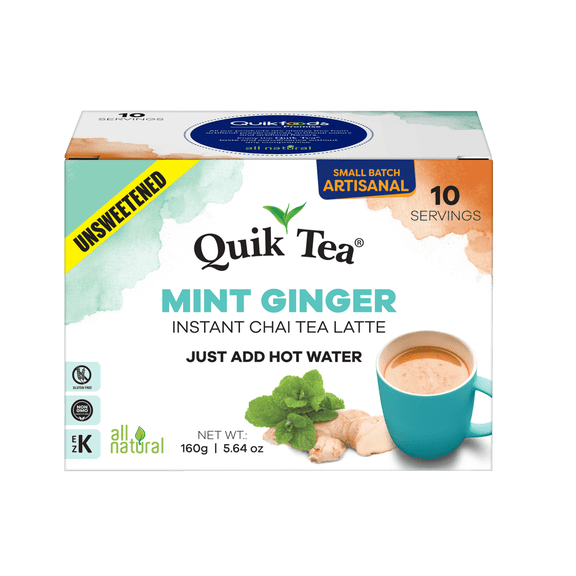 QuikTea Instant Unsweetened Mint Ginger Chai Tea Latte – 10 Count, Crisp freshness of mint combined with ginger, low Caffeine, No artificial colors, flavors or preservatives – Just Add Hot Water