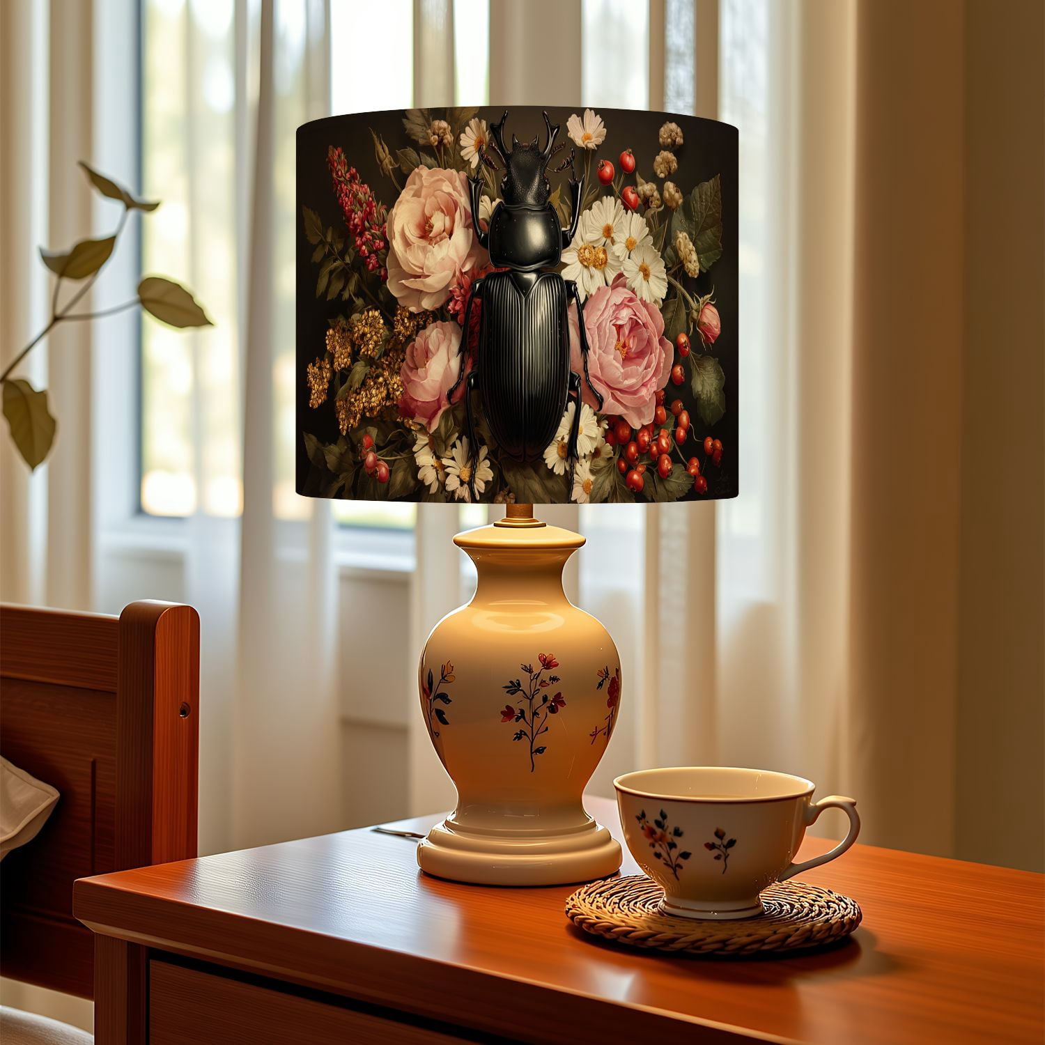 Gothic Linen Drum Lampshades Black Beetle Colorful Floral Bouquet Roses Daisies 13"x13"x10" Light Shade for Table Lamps Floor Lamp Shades Lampshade Replacement Assembly Required