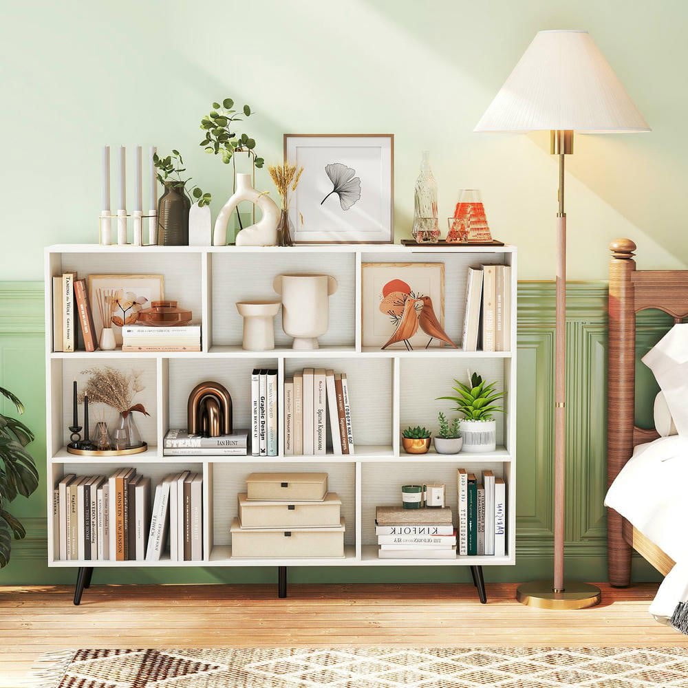 Resenkos 10-Cube Bookcase with 5 Tapered Metal Legs, White + Black
