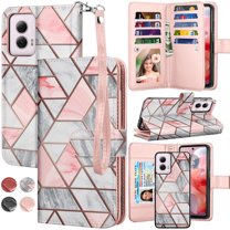 For Moto G Power 5G 2024 Case, Motorola Moto G Power 5G 2024 Leather Wallet Case with Card Holder and Lanyard for Women Men, eBizWare Magnetic Flip Detachable Phone Cover - Marble Pink