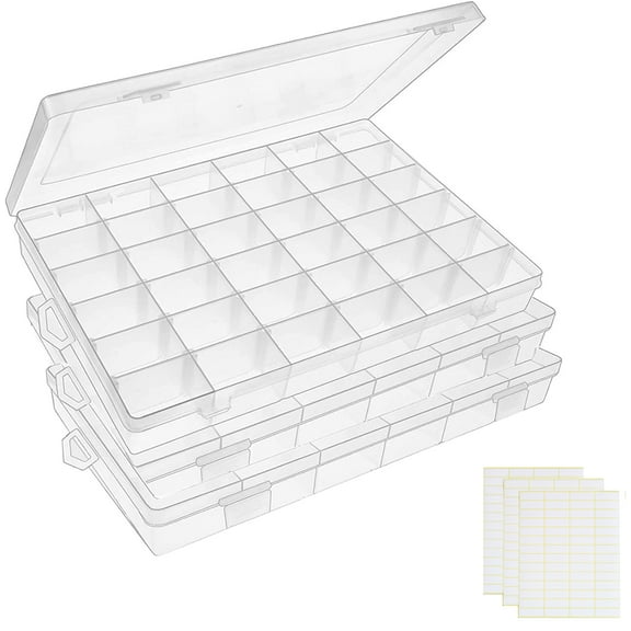 MRSXXNTY 3pack 36 Grids Clear Plastic Organizer Box Container Craft Storage with Adjustable Dividers for Beads Organizer Art DIY Crafts Jewelry Fishing Tackles with 3 Sheets Label Stickers