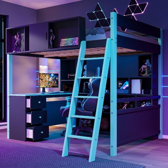 Full Size Loft Bed Frame with Build-in Desk and Ample Storage Space, Gaming Wooden Loft Bed with LED Light and Safety Guard Rails for Bedroom, Apartment, Dorm, No Box Spring Needed, Blue