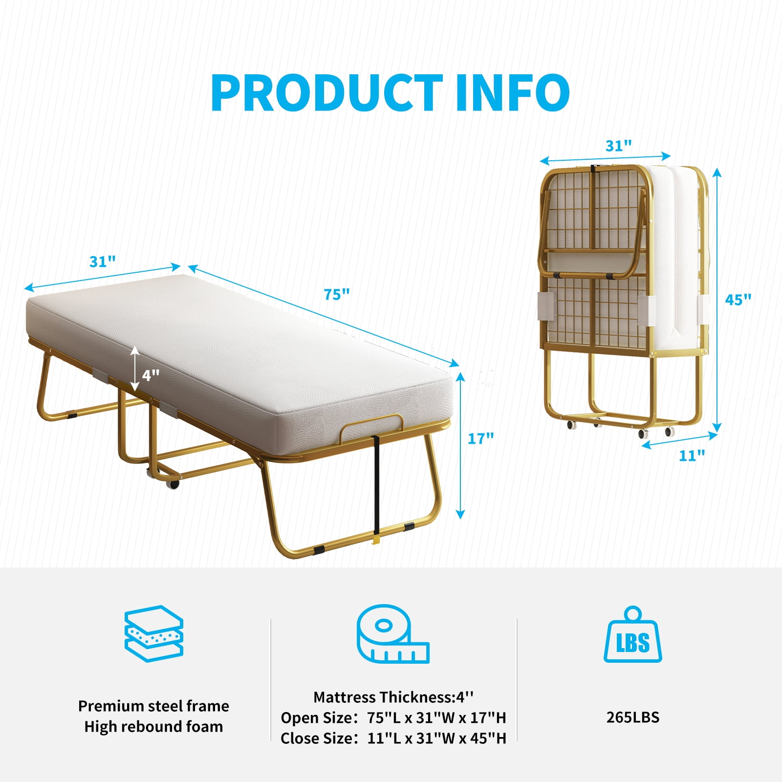 MUZZ Folding Bed with 4 Inch Foam Mattress, 75" x 31" Rollaway Bed with Sturdy Metal Frame, Foldable Guest Bed for Adults, Basic
