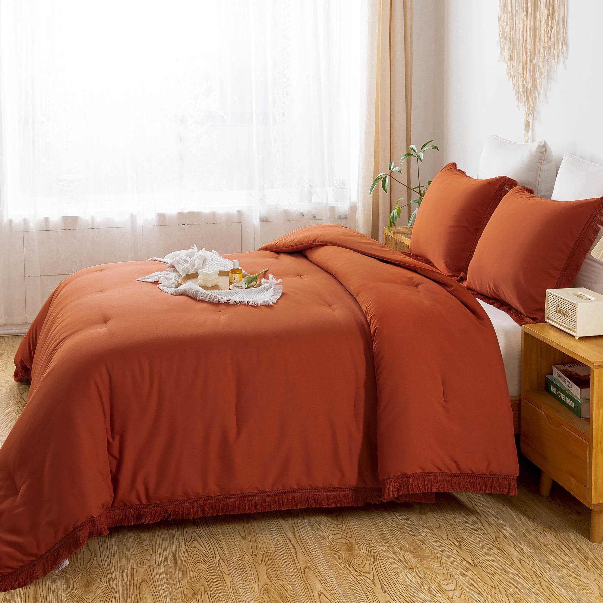Andency California King Comforter Sets Burnt Orange, 3 Pieces Boho Tassel Terracotta Oversized Fall Bedding Comforter Sets, All Season Soft Fluffy Rust Down Alternative Bed Set