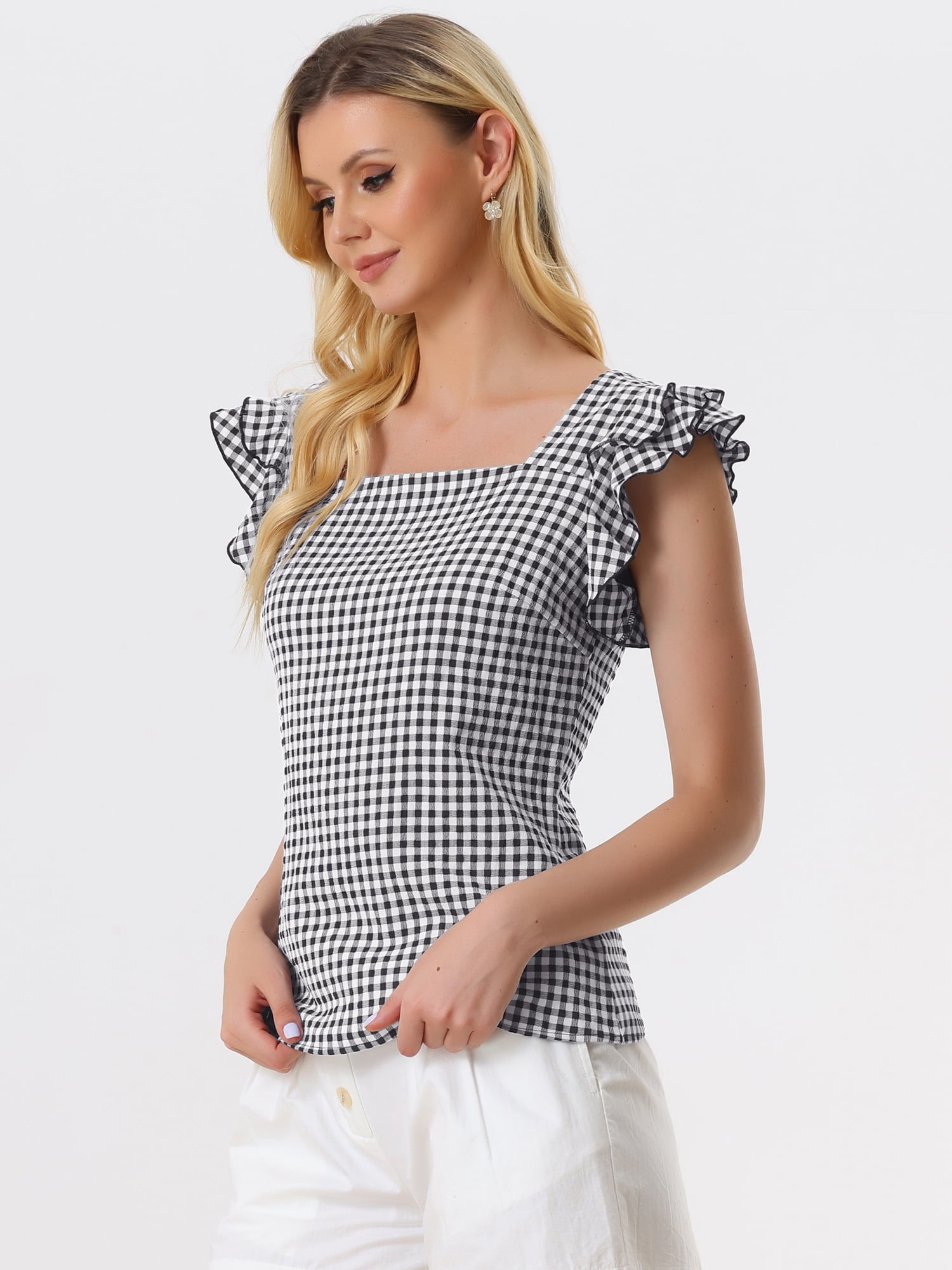 DARING DIVA Square Neck Ruffle Sleeve Blouse S Black