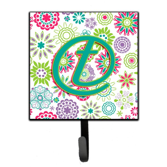 Letter T Flowers Pink Teal Green Initial Leash or Key Holder