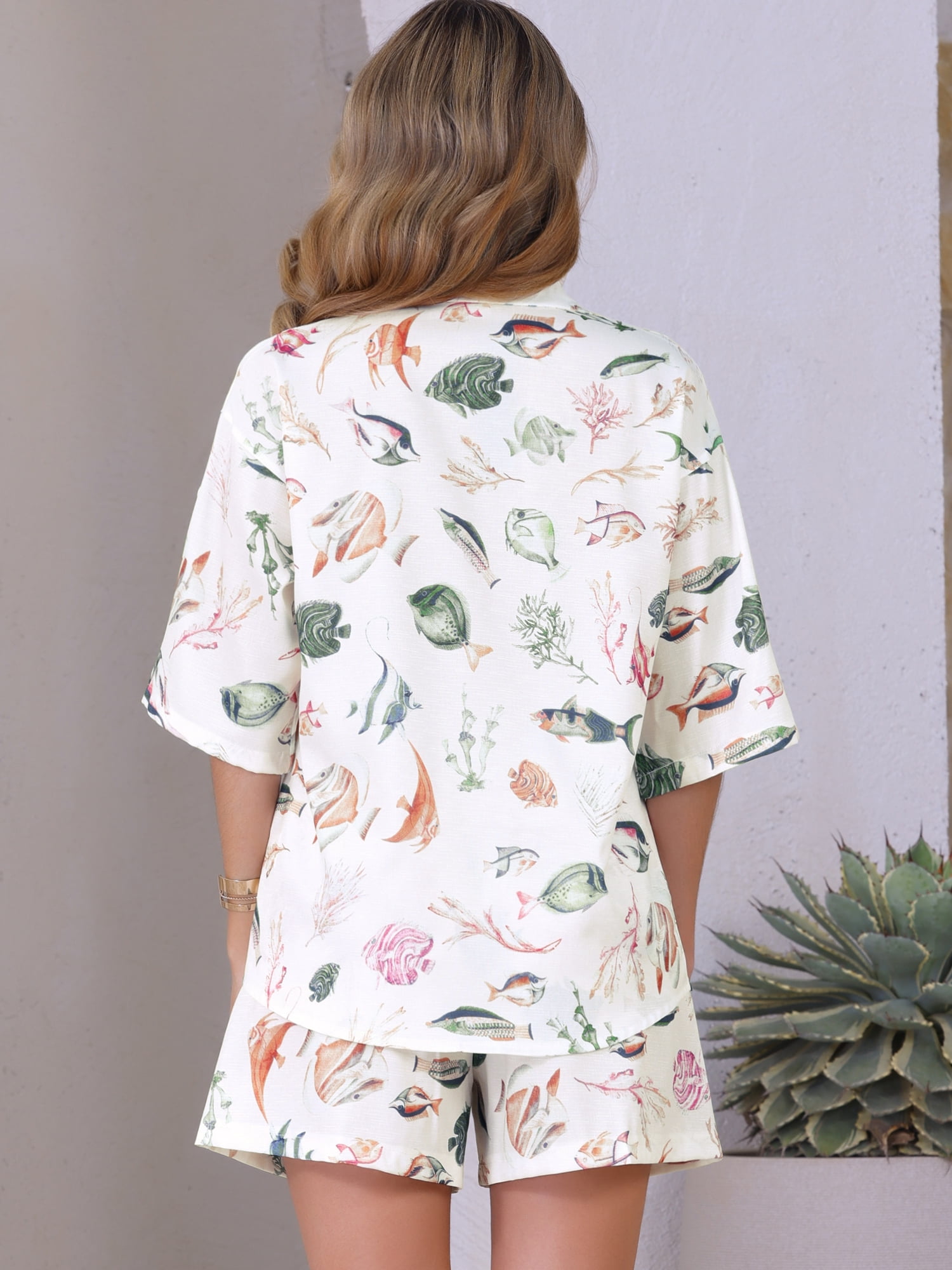 DARING DIVA Women's 2 Pieces Beach Outfits Printed Button Down Shirt and Shorts XS White