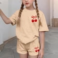 thumbnail image 4 of Virmaxy Cherry Print Tee and Shorts Set Girls Solid Color Loose Fit Summer Two Piece Casual Outfit for Play and Everyday Comfort, for 3-14Y Khaki, 4 of 6