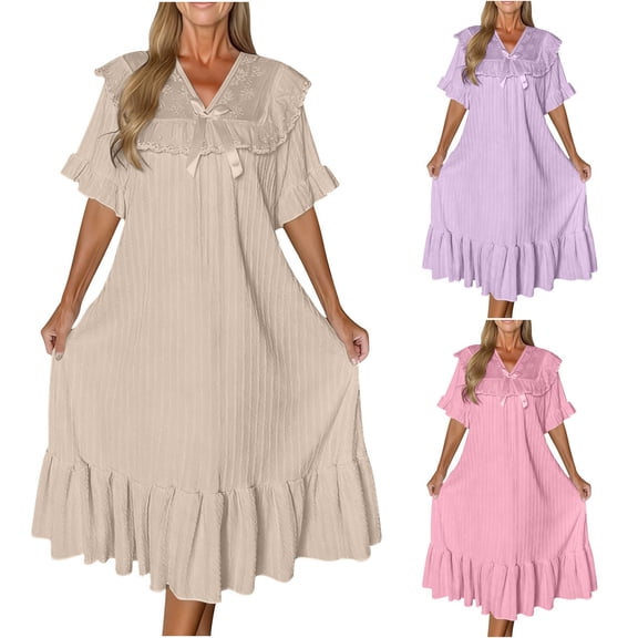 Bixock Nightgowns for Women,Women's Sleepshirt Casual Loose V Neck Short Sleeved Summer Long Pajama Dress