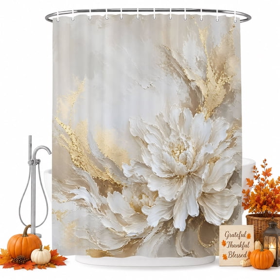 White Floral Shower Curtain, Waterproof Shower Curtains for Bathroom, Modern Abstact Oil Painting Flower Cream Gold Washable Fabric Bathtub Curtain Set Bath Decor with 12 Hooks Standard 72"x72"