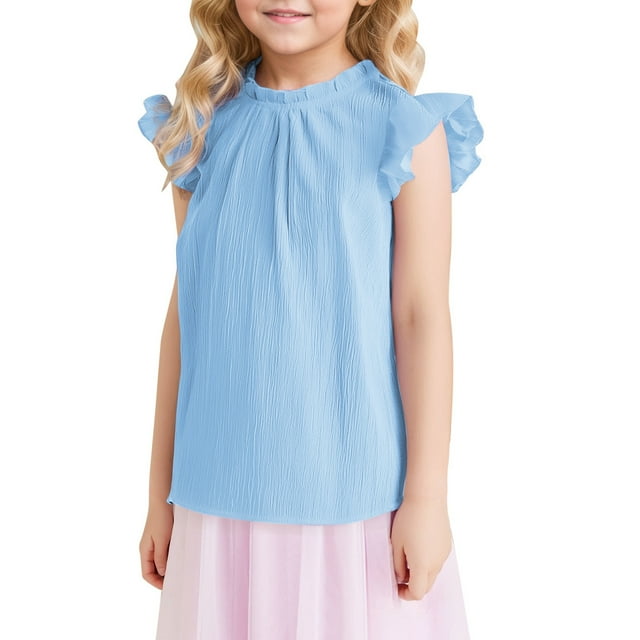 TZEWGL Tops For Toddler Solid Color Short Sleeve Cute Ruffled Neck Pleated Texture Top For Baby size 7-8T