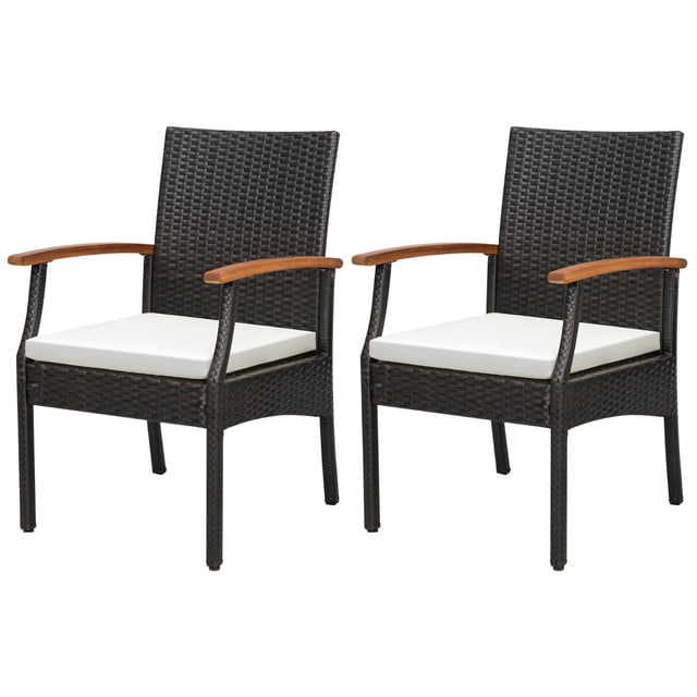 Set de 2 Sillas de Mimbre Costway con Reposabrazos Cojín para Patio Ratán PE Exterior Marco Metal