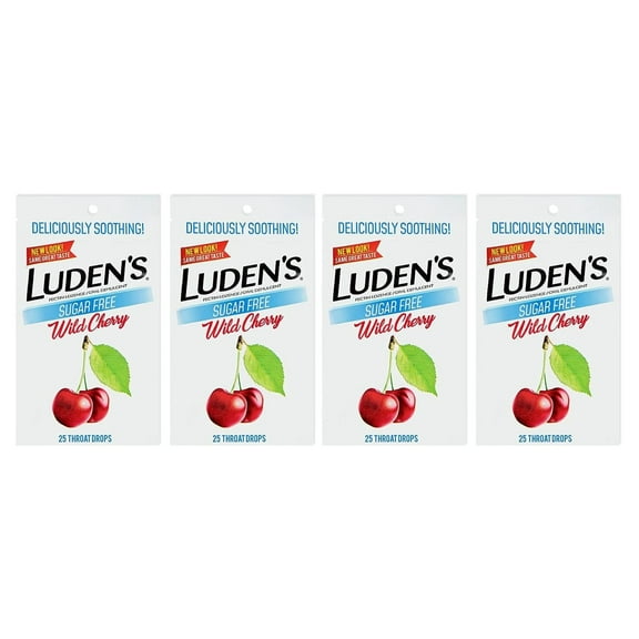 Luden's Deliciously Soothing Throat Drops | Sugar-Free | Wild Cherry Flavor | 25 Count Each | Pack of 4