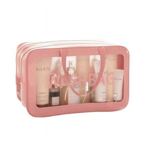 Clear Makeup Bags, Waterproof  Plastic Cosmetic Makeup Bags Travel Make Up Organizer Storage Case, Portable Cosmetic Skincare Pouch with Handle - pink