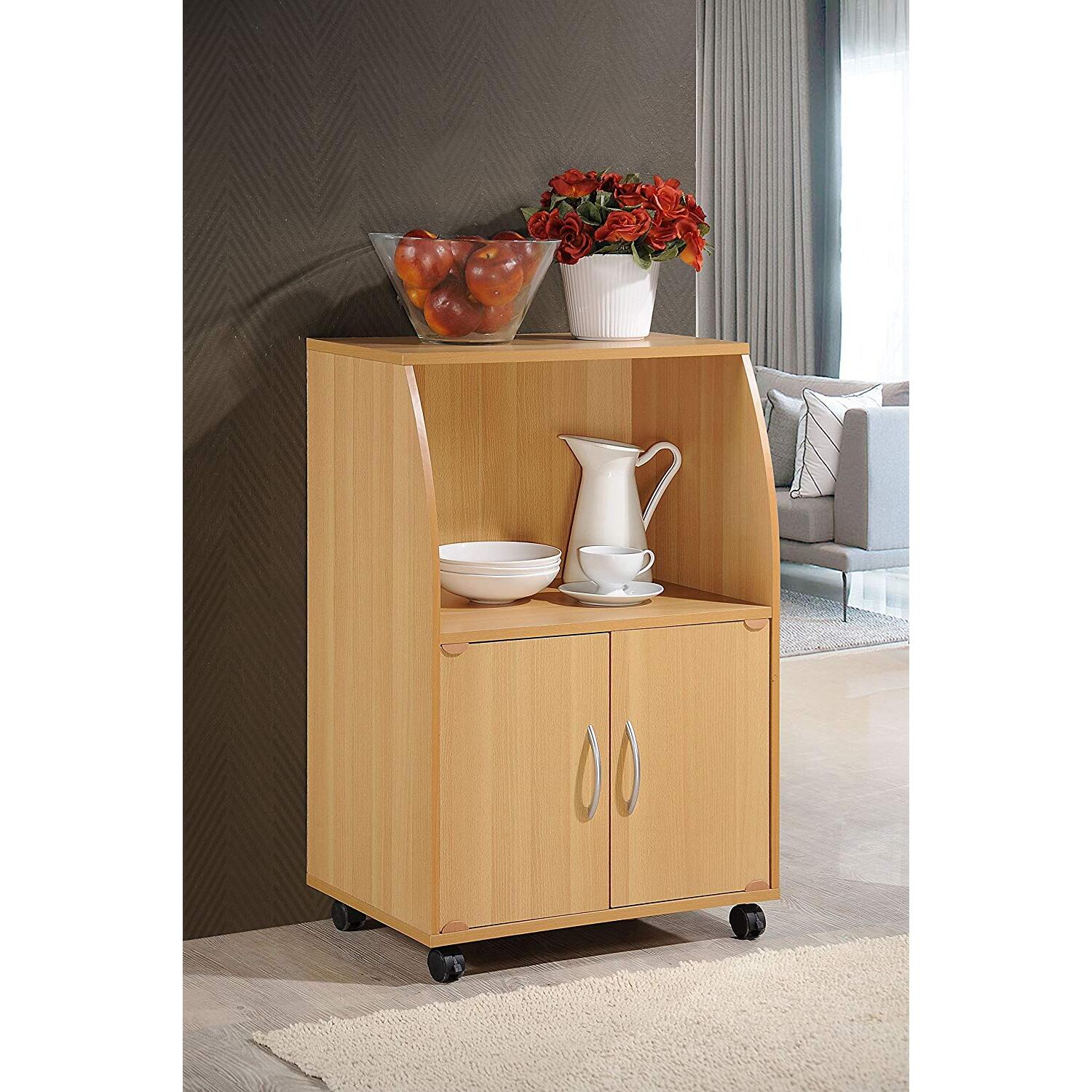 Modern Microwave Cart with Storage - Mobile Kitchen Island Cart on Wheels - Beech Wood Design