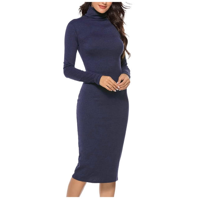 Kcodviy Robe-Chemise d'Été à Col Roulé en Tricot Côtelé pour Femmes, Manches Longues, Coupe Ajustée, Robes d'Été pour Femmes, Robe Chandail