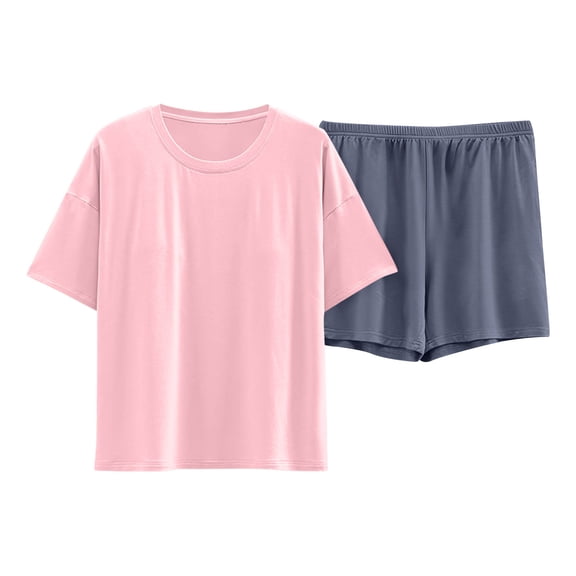 Built in Bra Pajama Set for Women 2 Piece Lounge Set Oversized Short Sleeve Tops and Shorts Soft Sleepwear