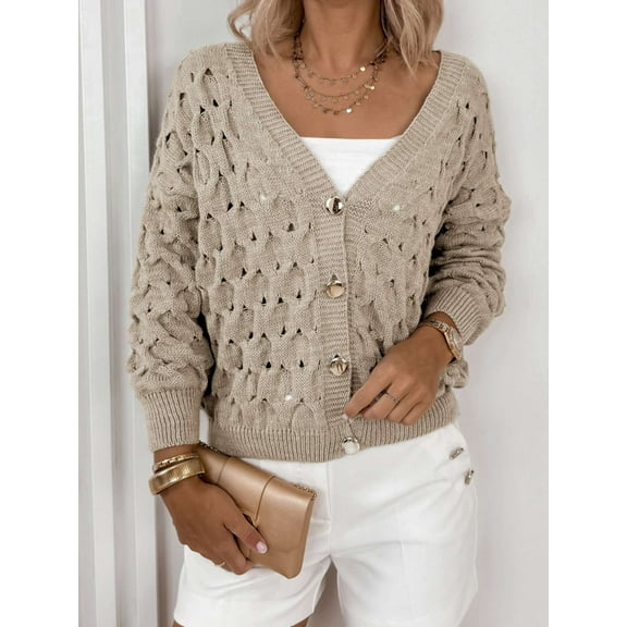 Cozy Knit Cardigan with Gold Buttons (S, Beige)