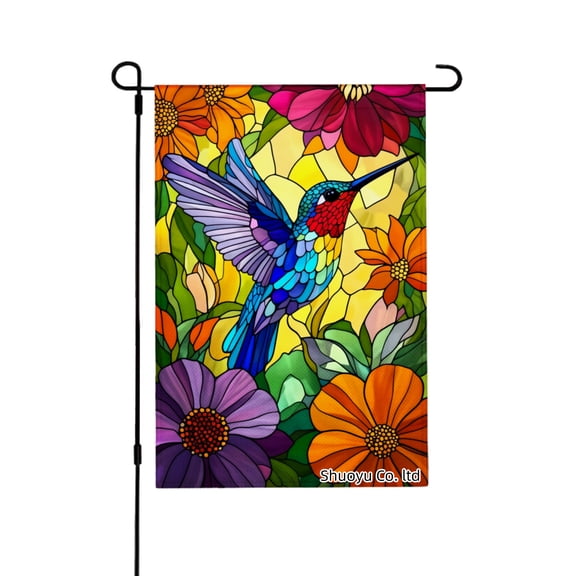 Jbralid Stained Glass Hummingbird And Flowers Garden Flag For Spring Summer Home Outdoor Garden Yard Door Decor 12x18 inch