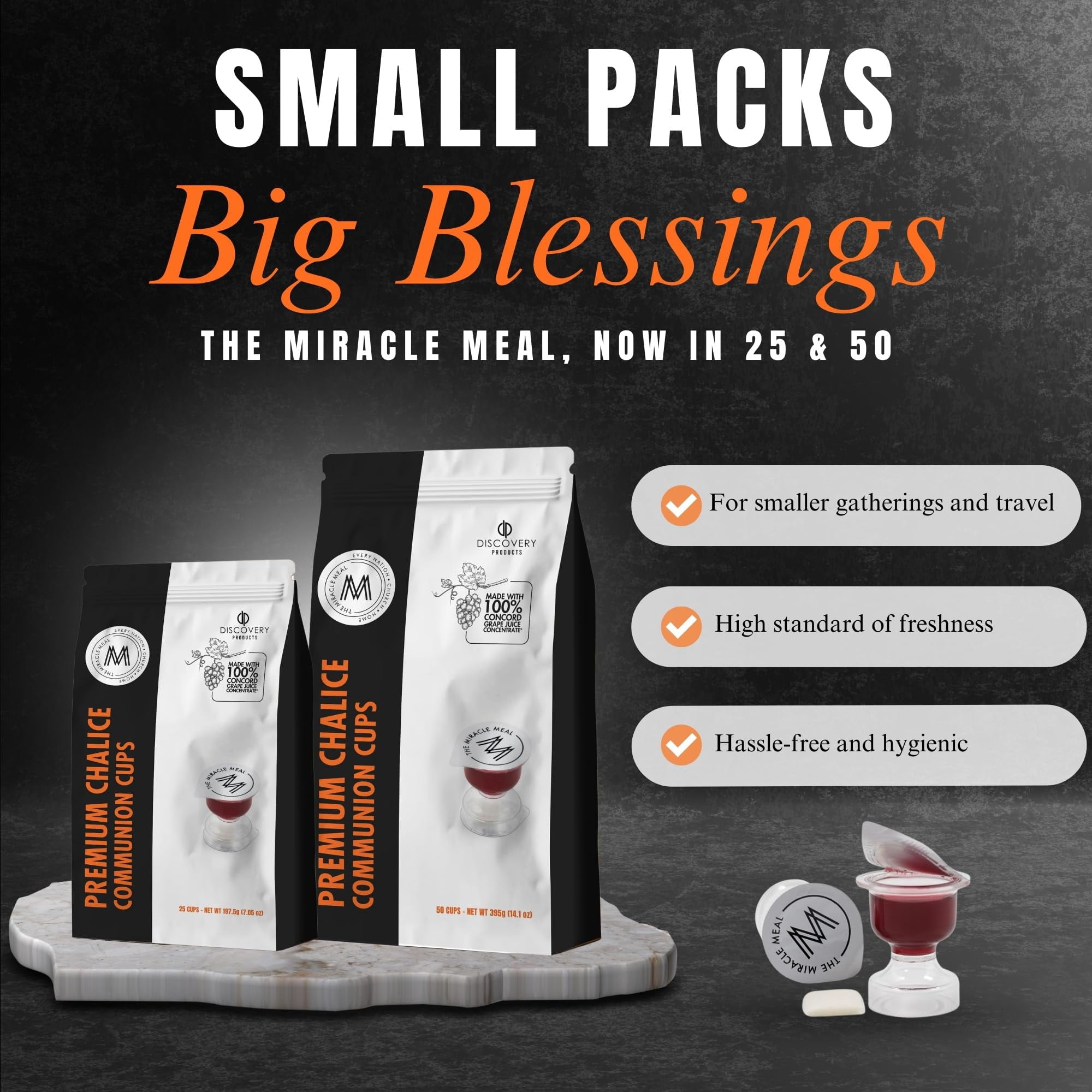 Discovery Products Travel Pack - Pre-Filled Premium Chalice Cup - Bag of 50 with Wafer and 100% Concord Grape Juice