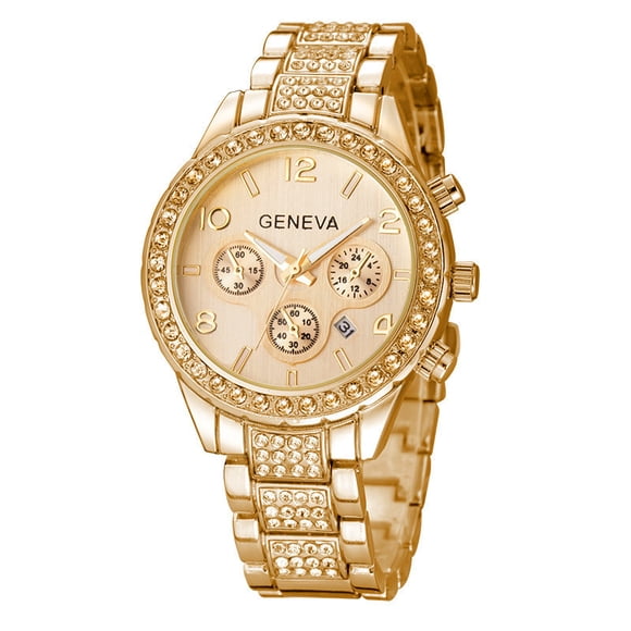 DAMAIE Unisex Luxury Pave Floating Crystal Diamonds Calendar Quartz Watch with Stainless Steel Link Bracelet
