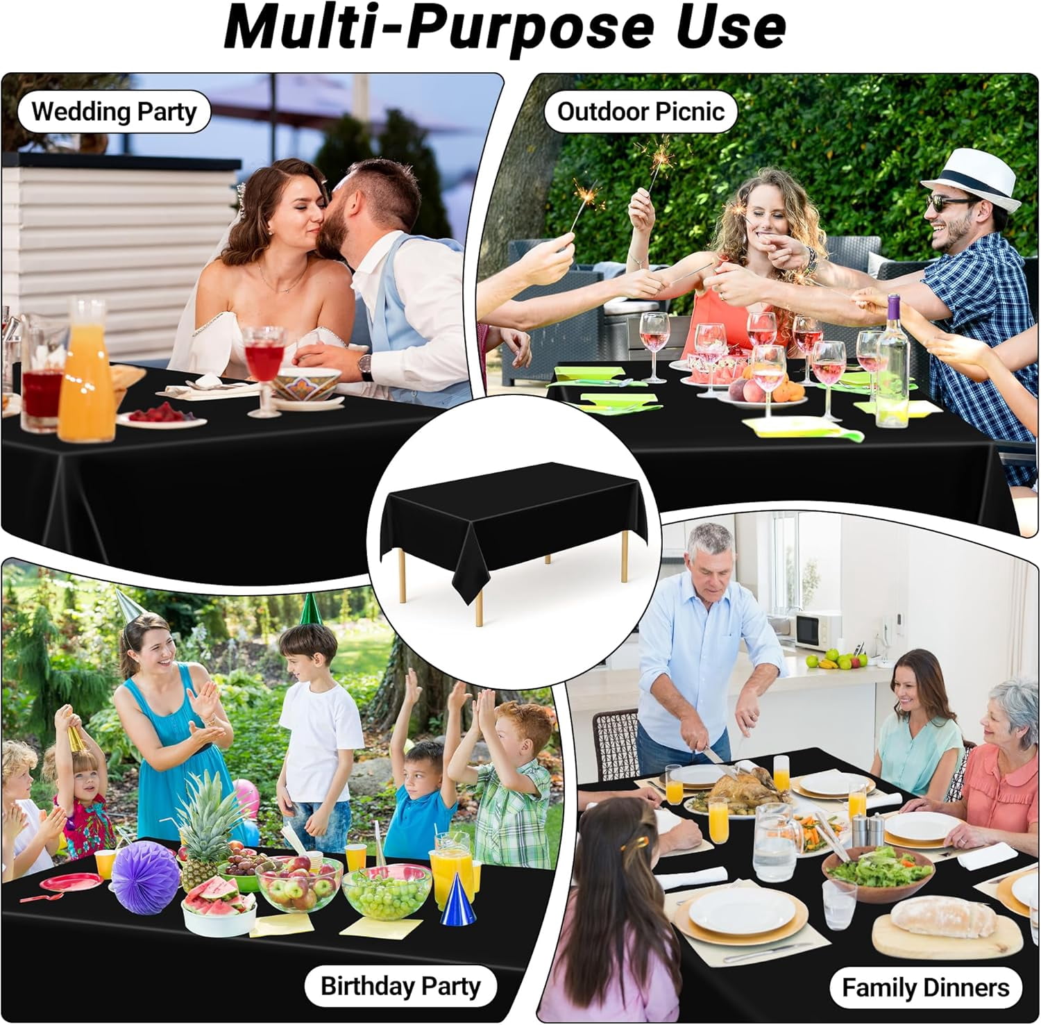 2 Pack Black Waterproof Plastic Table Cloths 54x108in Indoor Outdoor Use