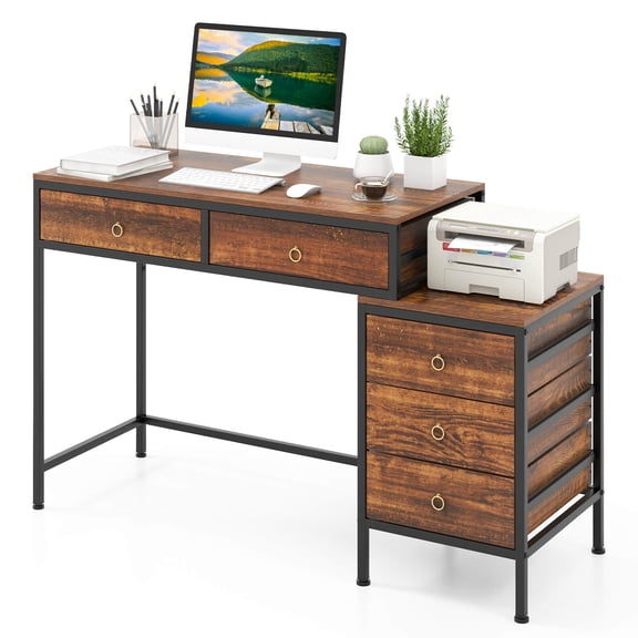 Costway Computer Desk with 5 Drawers, Side File Cabinet, Heavy-duty Metal Frame for Office Rustic Brown & Black