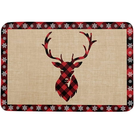 

Christmas Memory Foam Soft Door Mat Indoor Doormatches Absorbent Floor Mat Anti-Skid Welcome Mat for Front Door High Traffic Areas Vintage Style Snowflakes Red-Black Plaid Elk 24x16 Inch