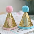 thumbnail image 1 of Gorro con punta pequeña y purpurina para cumpleaños del primer año, gorro pequeño, gorro con corona para fiesta de disfraces, gorro de cumpleaños, 1 of 1