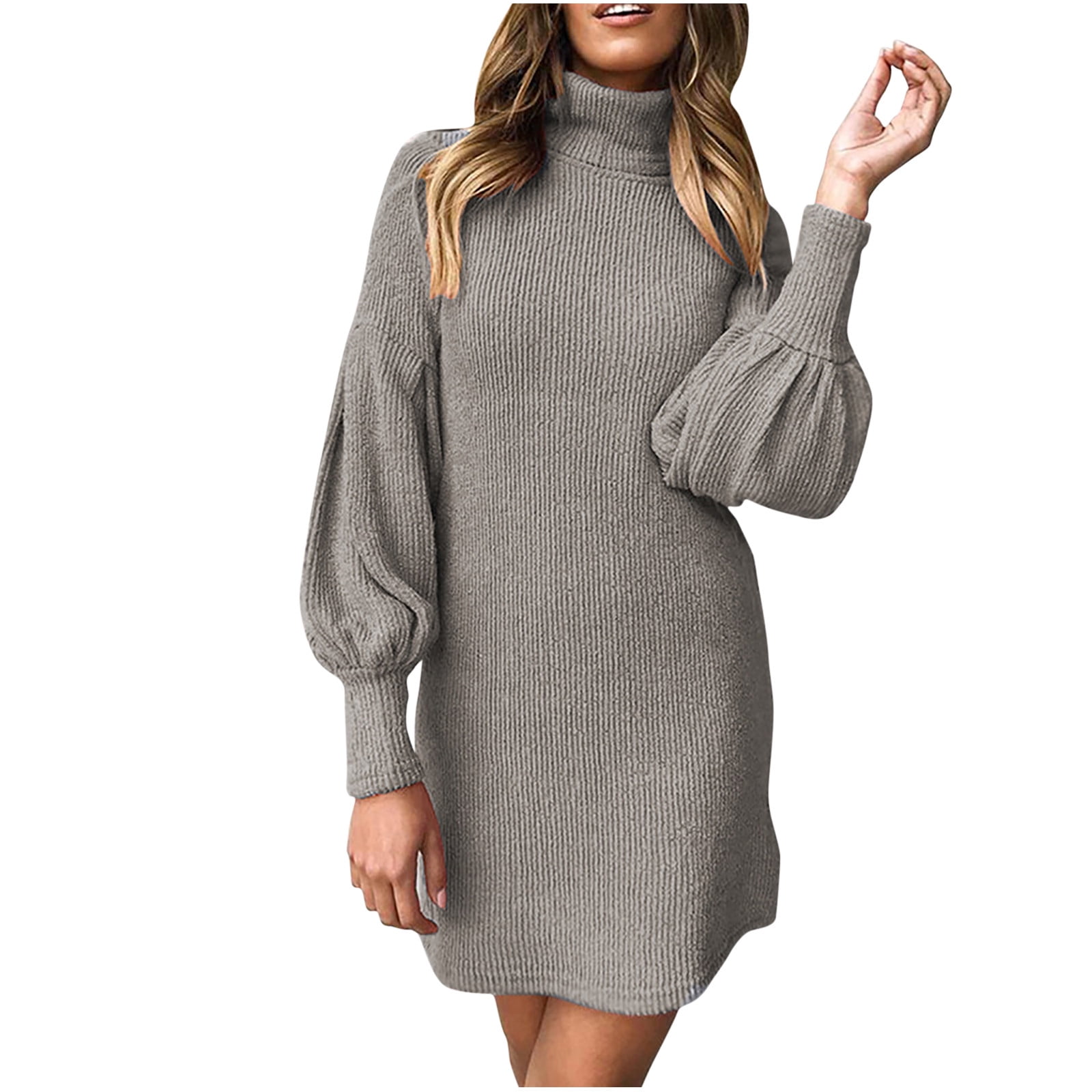 Blukids Women's Turtle Neck Jumper Dress Long Sleeve Knitted Dress Ribbed Cable Sweater Dress Knitted Jumper Slim Fit Knitwear Pullover for Autumn