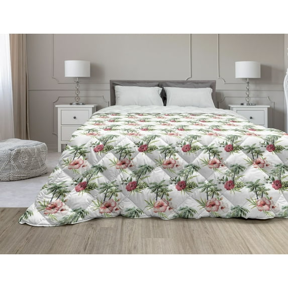 Hawaii Down Alternative Comforter, Botanic Inspirations Floral Bouquet Hand Drawn Red Hibiscuses Retro Theme, Microfiber Quilt for All Season, 5 Sizes, Beige Fern Green Red, by Ambesonne