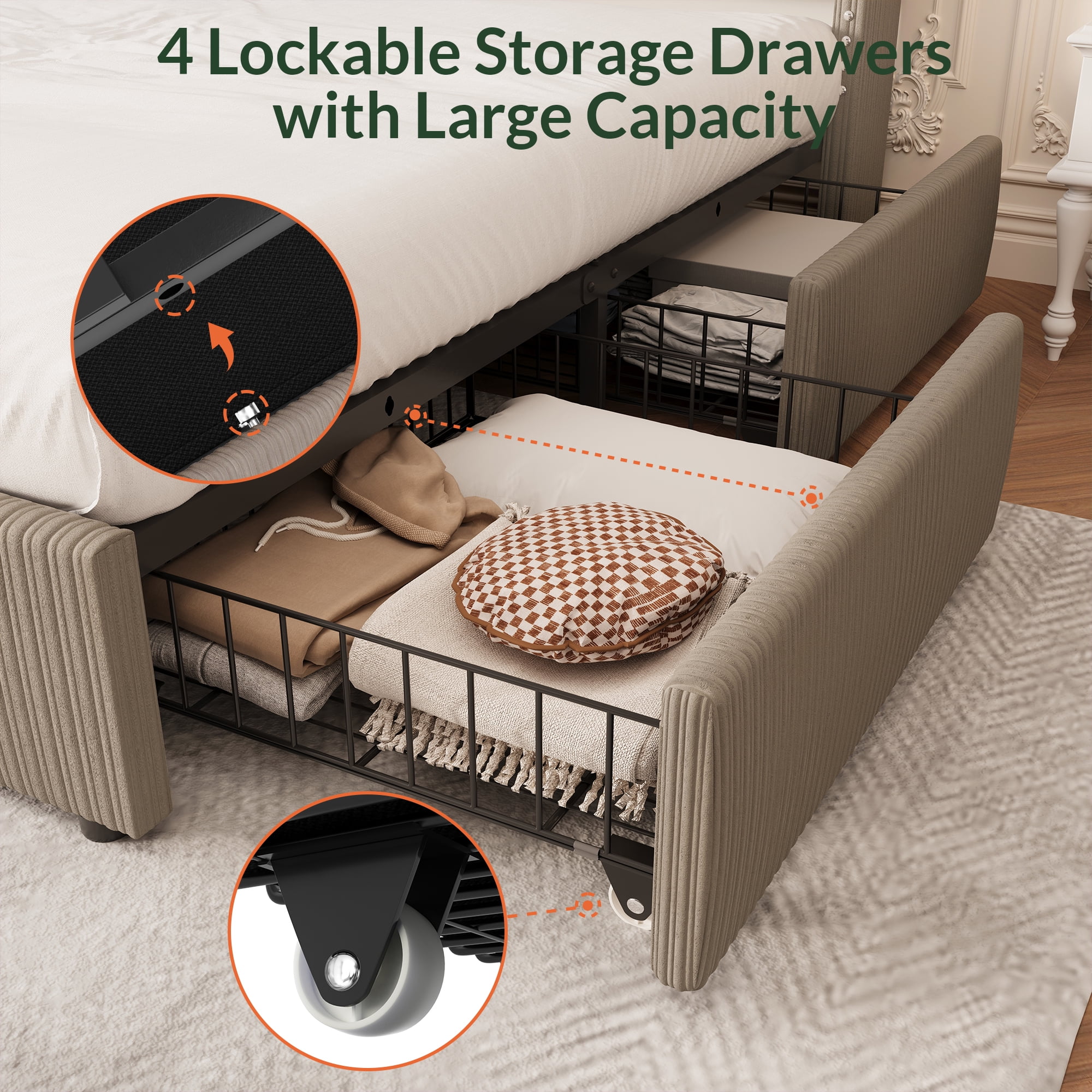 Larmace Upholstered Corduroy Bed Frame King Size with 4 Storage Drawers,Platform Bed Frame with Vertical Stripe Wingback Headboard,Brown