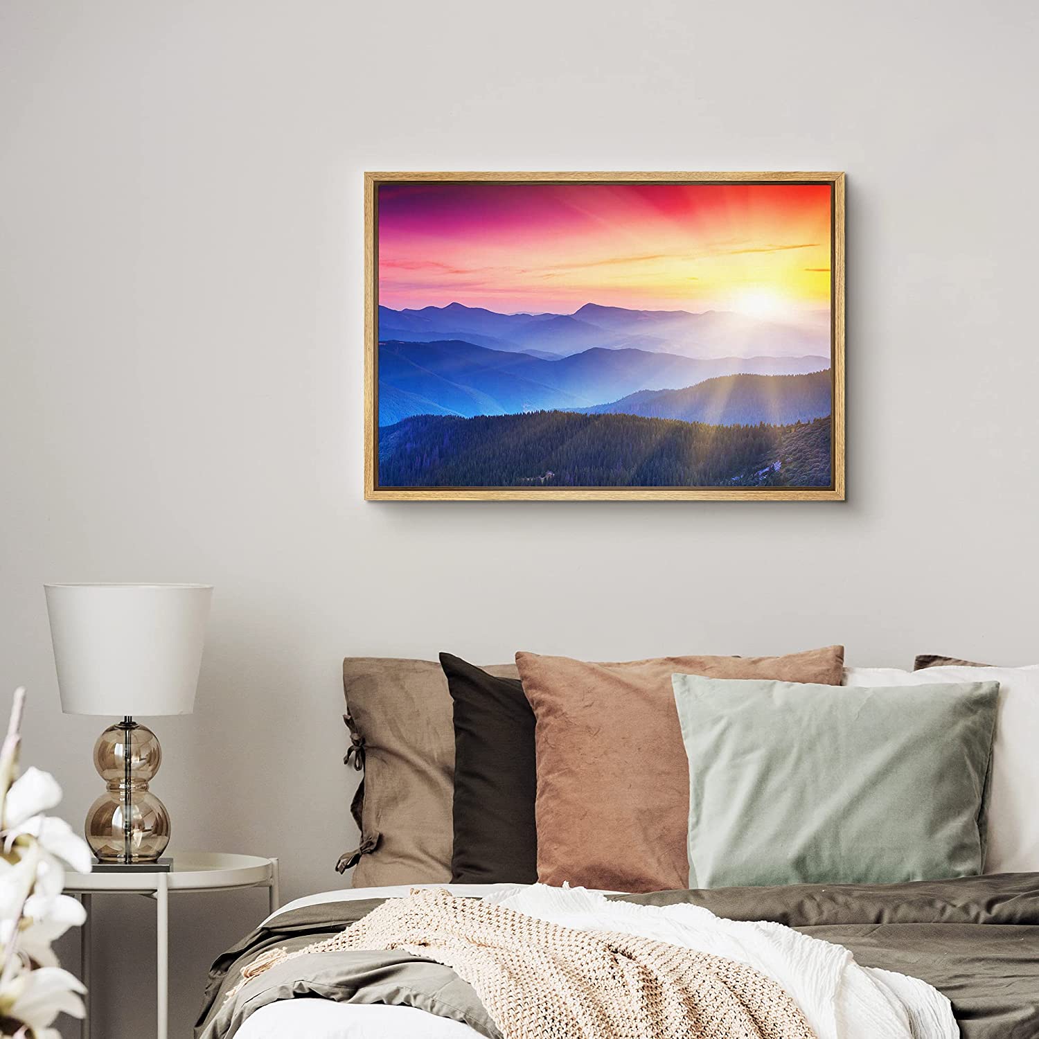 PixonSign Framed Canvas Print Wall Art Rainbow Mountain Range and Sun ...