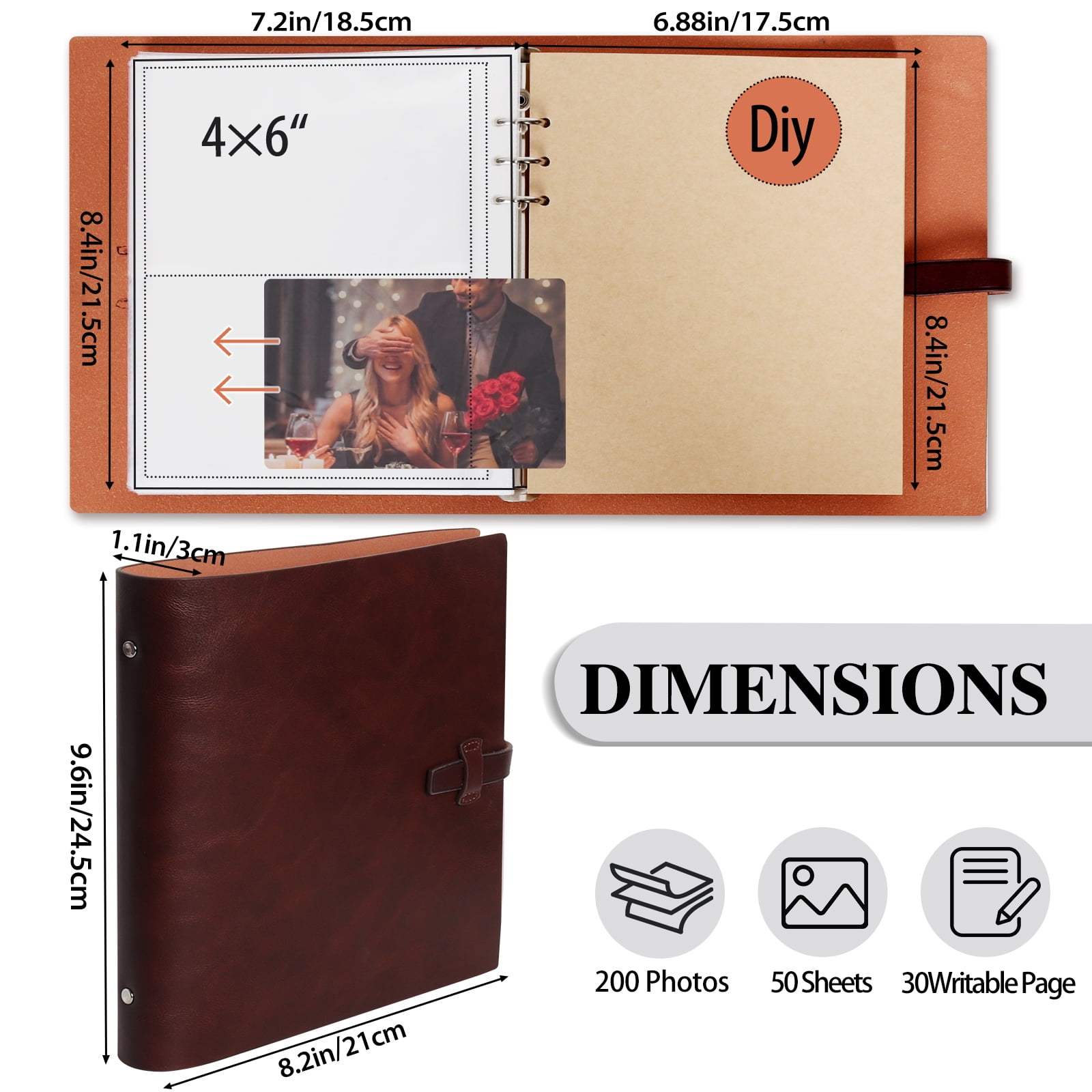 RECUTMS Photo Album Hold 4x6 200 Photos Thick Leather Cover Picture Album with 30 Writing Paper Scrapbook Memory Book Birthday Anniversary (Brown)