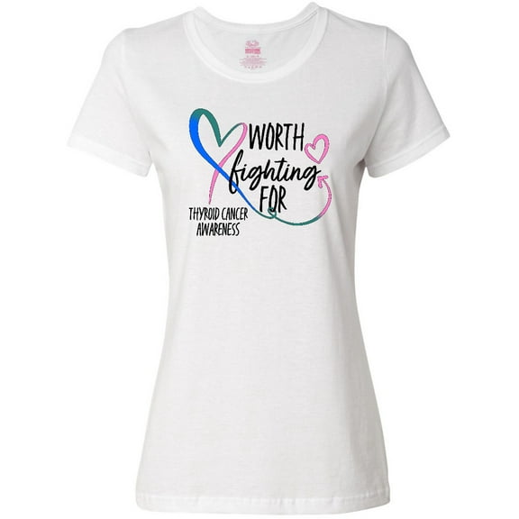 Inktastic Thyroid Cancer Awareness Pink, Blue, Teal Heart Ribbon Women's T-Shirt