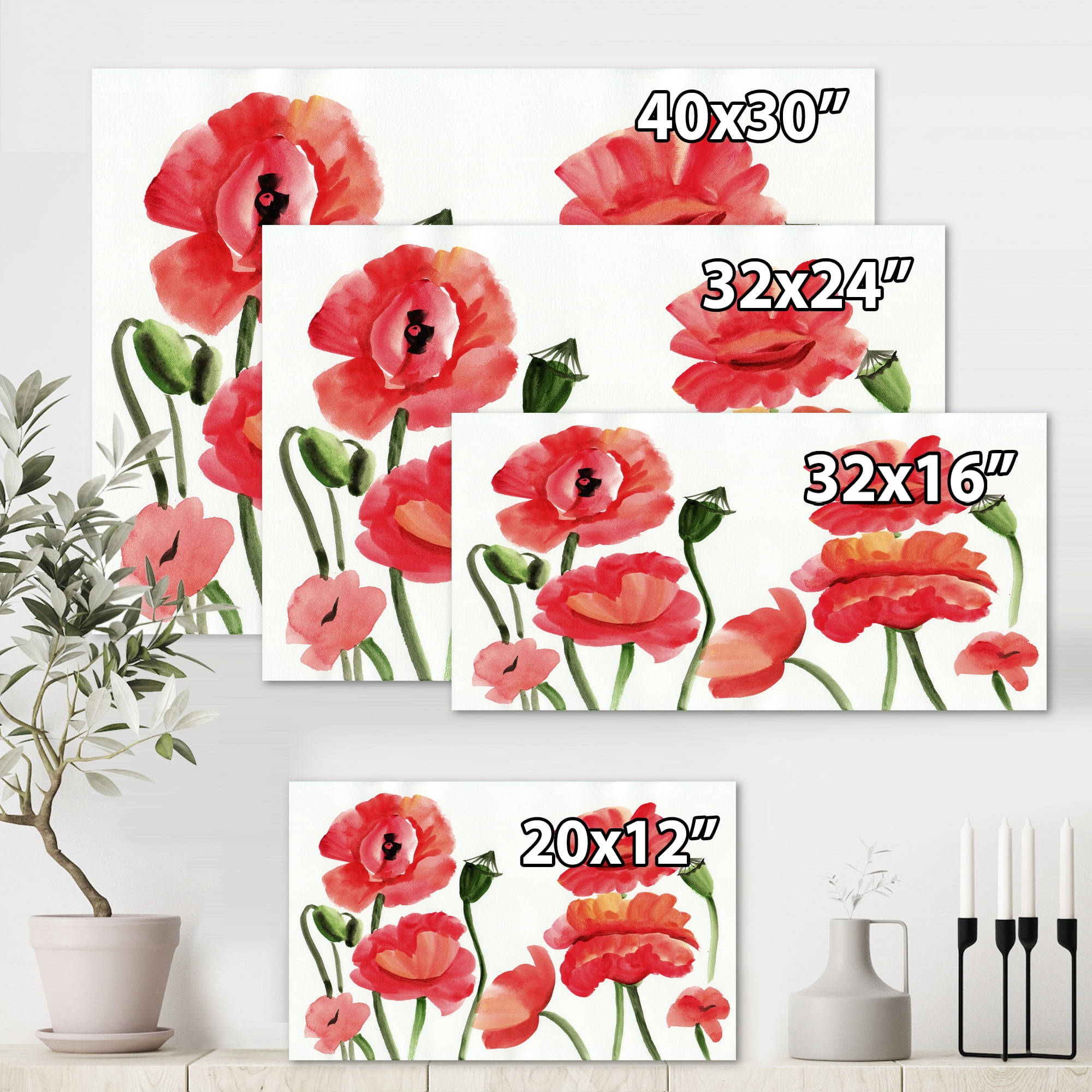 Ancient Red Poppies I 8 in x 12 in Painting Canvas Art Print, by Designart