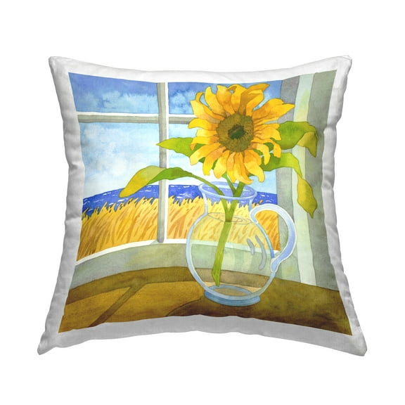Stupell Industries Sunflower Vase in Beach Window Square Decorative Printed Throw Pillow, 18 x 18