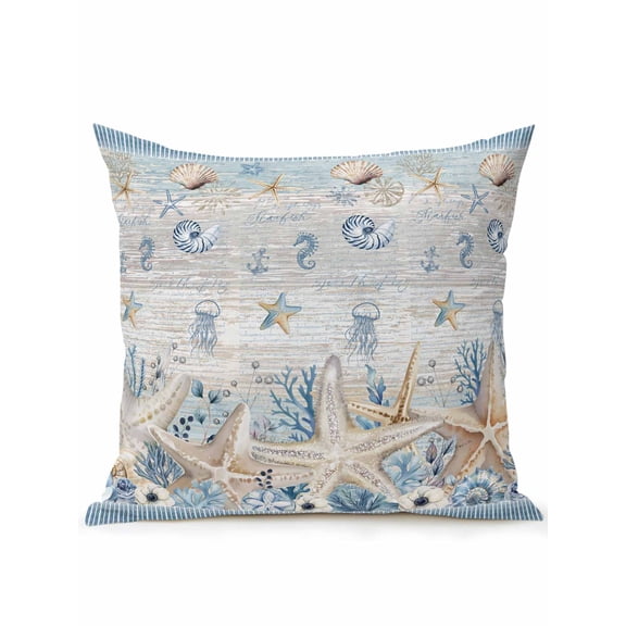 1 Pack Outdoor Throw Pillow, Beige Starfish Coastal Waterproof Pillow with Insert Included, Blue Beach Nautical Coral Shell Vintage Decorative Accent Cushion Sofa Pillows for Patio Porch, 16 x 16 In