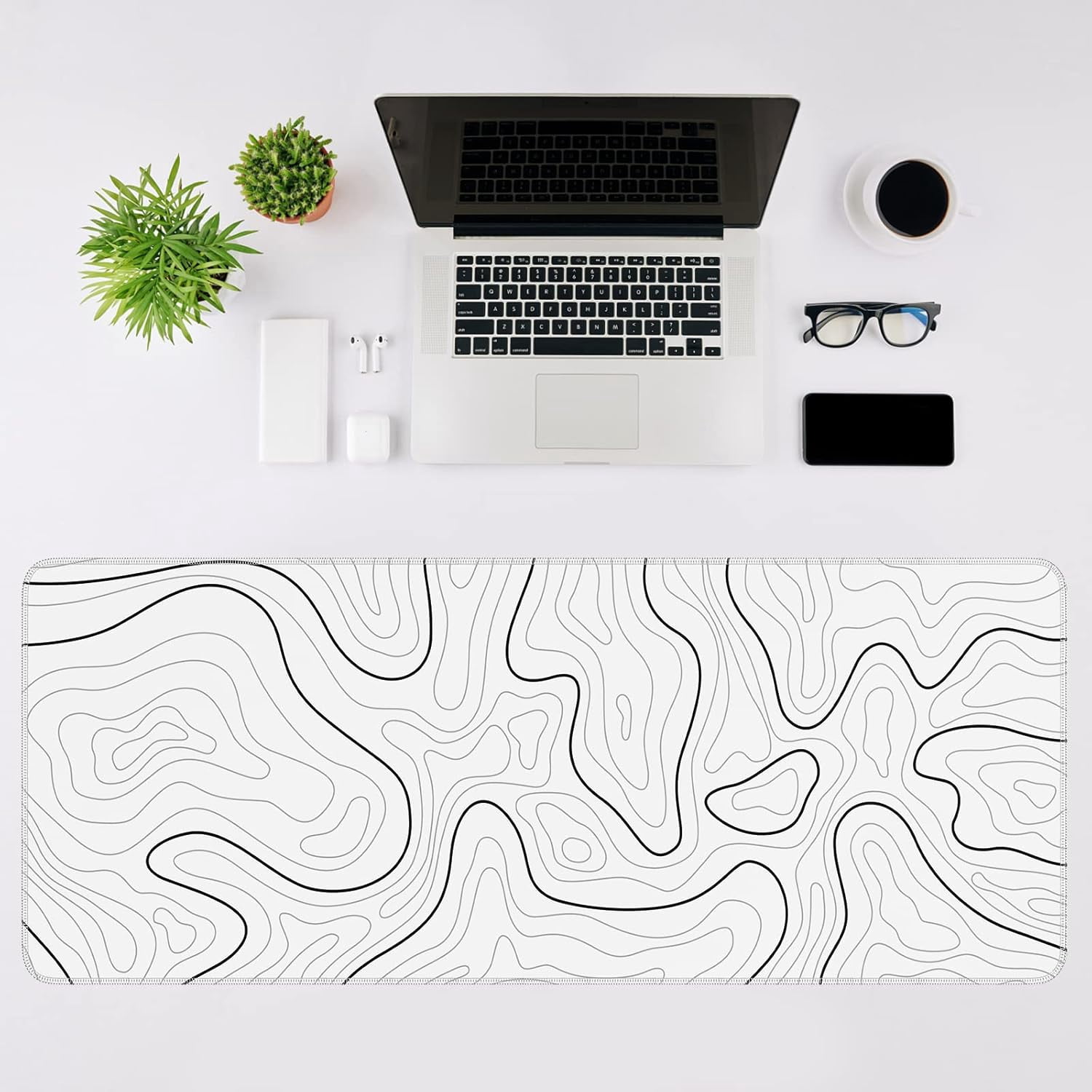 Mouse Pad Gaming Mousepad 31.5 x 11.8in Large Mouse Pad for Keyboard and Mouse with Anti-Slip Rubber Base, Keyboard Pad XL Mouse Mat for Home and Office（Black with White Topographic Line）