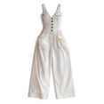 thumbnail image 5 of VBVC Women's Cotton-Linen Cargo Jumpsuit,V-Neck Button Down Romper For Women,Ladies Summer Sleeveless Wide Leg Outfit Set with Pockets,White,S-2XL, 5 of 8