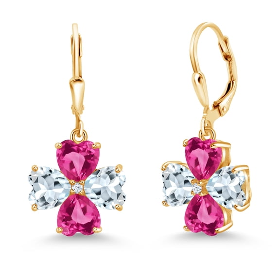 Gem Stone King 18K Yellow Gold Plated Silver Sky Blue Aquamarine and Pink Created Sapphire Dangle Earrings for Women (6.14 Cttw, Gemstone March Birthstone, Heart Shape 6MM)