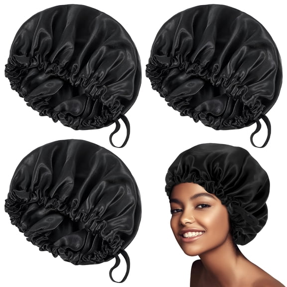 TUWAFE 3 Pcs Satin Silk Hair Bonnet for Sleeping, Extra Large Double-Layer Adjustable Hair Bonnet for Long Short Hair Curly Braids Hair, Hair Bonnets for Women and Men (Black)