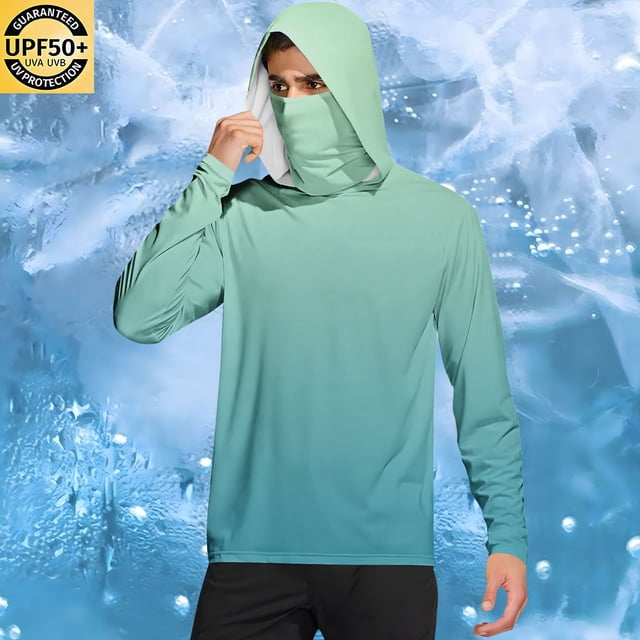 Pisexur Sun Protection Clothing Men UPF 50 Long Sleeve Shirt Men Printing Summer Sunscreen Is Breathable Long Sleeve With A Mask Hooded Blouse Green,XL