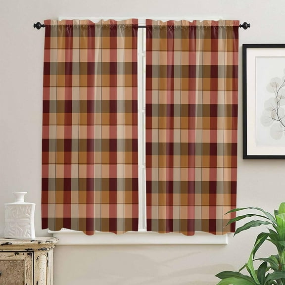 Red Plaid Window Curtains 63 Inch Length, Farmhouse Rustic Brown Beige Checkered Rod Pocket Window Treatment Kitchen Drapes for Bedroom, Cafe, Living Room, 2 Panels, 42 W x 63 L
