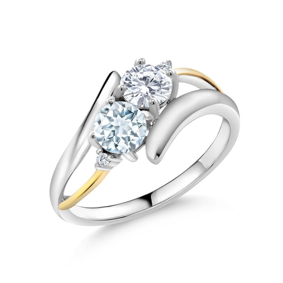 Gem Stone King 925 Silver and 10K Yellow Gold Sky Blue Aquamarine White Moissanite and Lab Grown Diamond Ring for Women (1.02 Cttw, Gemstone Birthstone, Size 9)