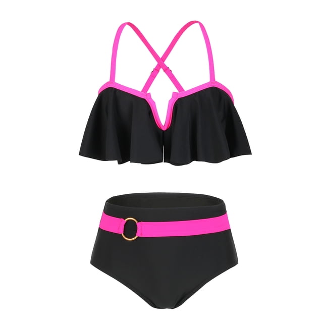 SUNSIOM Mommy and Me Swimsuit, Contrast Color Leaves Print Ruffled Bra with Briefs Family Matching Swimsuit 2-piece Summer Bikini Set