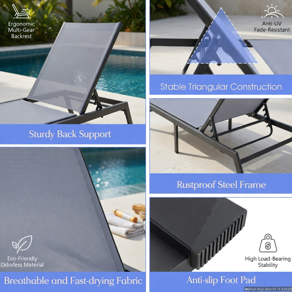 Hommoo Outdoor Adjustable Chaise Lounge Chair, Lay-Flat Steel Frame Sun Lounger with Quick-Drying Breathable Fabric, Patio & Poolside Recliner, Gray