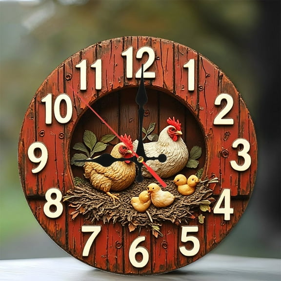 Rustic Hen Family Farm Clock Wall Decor 10-Inch Silent Wooden Wall Clock, Battery Operated (AA Batteries Not Included), Artistic Home Decor