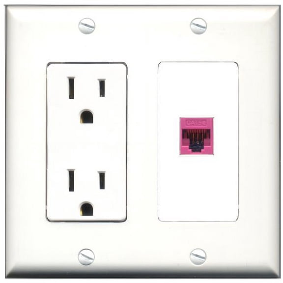 RiteAV - 15 Amp Power Outlet and 1 Port Cat5e Ethernet Pink Decorative Type Wall Plate White
