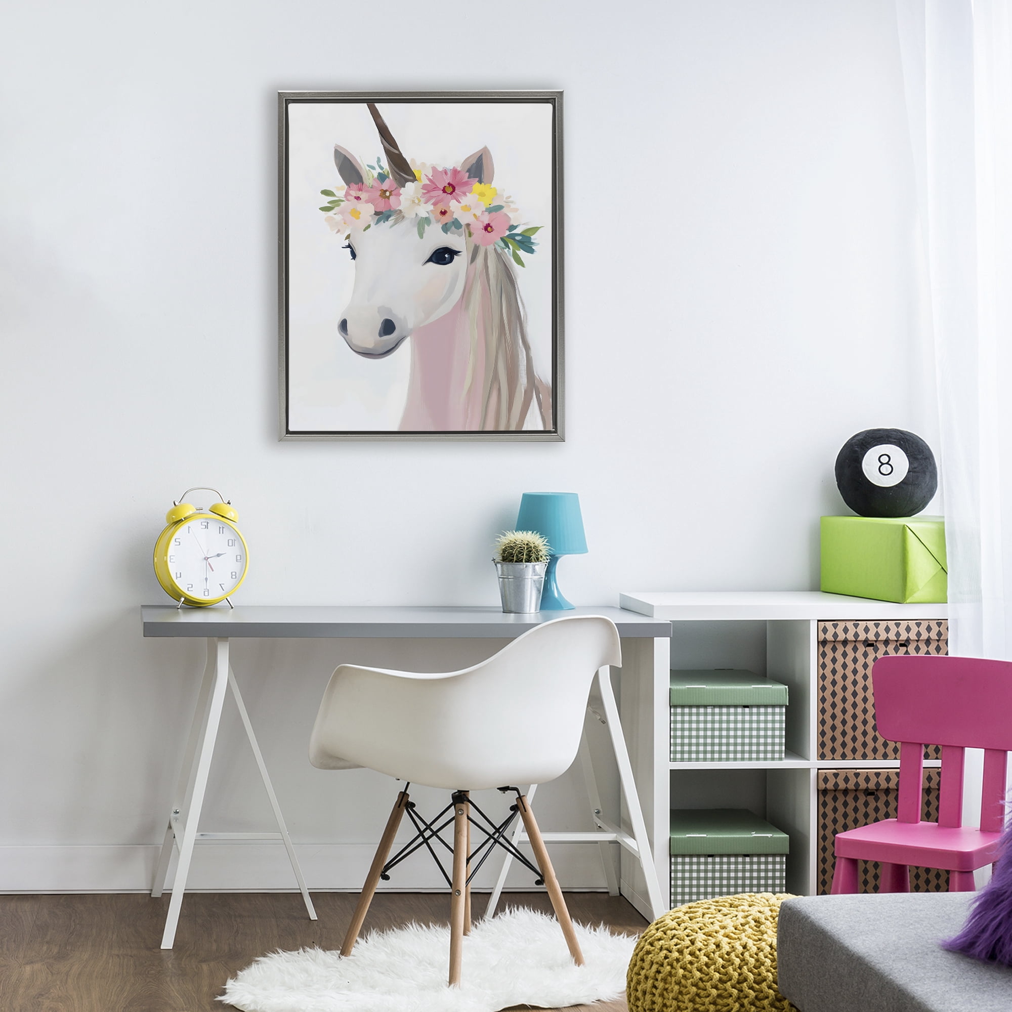 Stupell Industries Flower Crown Unicorn Gray Framed Floater Canvas Wall Art, design by The Prints Vibe